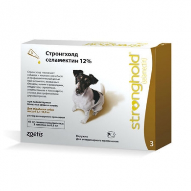 ZoetisСтронгхолд 12% капли на холку инсектоакарицидные для собак весом от 5 до 10кг 0,5мл(упаковка 3 пипетки)