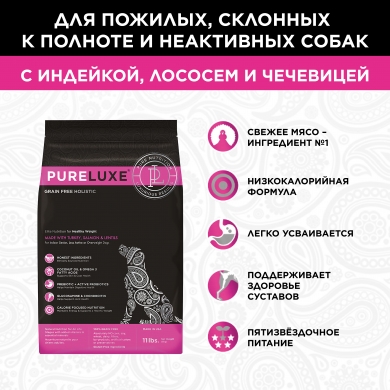 Pureluxe Adult с индейкой, лососем и чечевицей сухой корм для нормализации веса собак