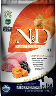 N&D Dog Pumpkin с ягненком,черникой и тыквой беззерновой сухой корм для собак средних и крупных пород