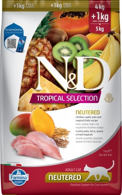 N&D Cat Tropical Selection с курицей, спельтой и тропическими фруктами низкозерновой сухой корм для стерилизованных кошек