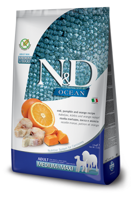 N&D Dog Ocean Pumpkin с треской, апельсином и тыквой беззерновой сухой корм для собак средних и крупных пород