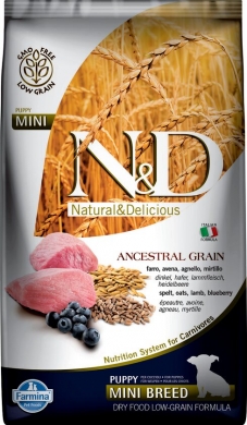 N&D Dog Ancestral Grain с ягненком и черникой низкозерновой сухой корм для щенков мелких пород