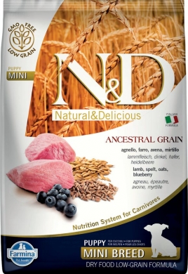 N&D Dog Ancestral Grain с ягненком и черникой низкозерновой сухой корм для щенков мелких пород
