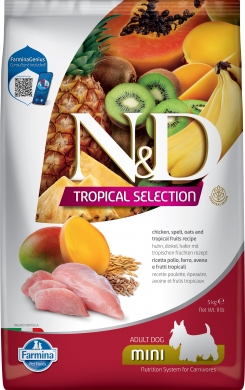 N&D Dog Tropical Selection Mini с курицей, спельтой и тропическими фруктами низкозерновой сухой корм для взрослых собак