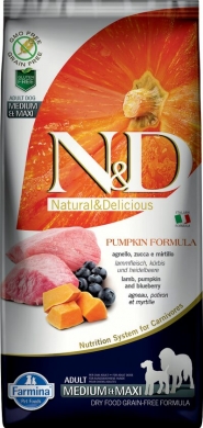 N&D Dog Pumpkin с ягненком,черникой и тыквой беззерновой сухой корм для собак средних и крупных пород