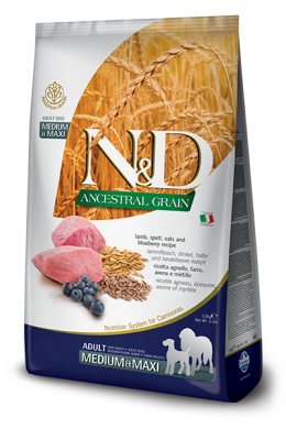 N&D Dog Ancestral Grain с ягненком и черникой низкозерновой сухой корм для собак средних и крупных пород