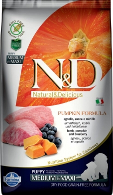 N&D Dog Pumpkin с ягненком,черникой и тыквой беззерновой сухой корм для щенков средних и крупных пород