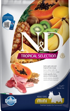 N&D Dog Tropical Selection Mini с ягненком, спельтой и тропическими фруктами низкозерновой сухой корм для взрослых собак