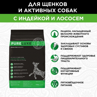 Pureluxe Healthy Activity с индейкой и лососем сухой корм для активных собак