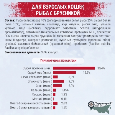 ТерриториЯТаймыр с белой рыбой и брусникой сухой корм для взрослых кошек