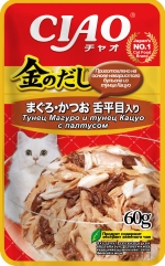 "Inaba Ciao Kinnodashi" тунец Магуро и тунец Кацуо с палтусом кусочки в желе влажный корм для кошек