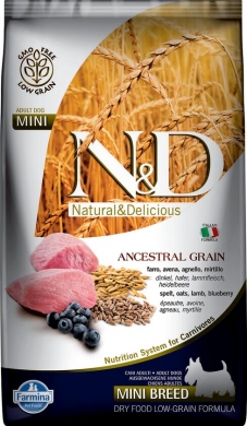 N&D Dog Ancestral Grain с ягненком и черникой низкозерновой сухой корм для собак мелких пород